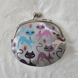 Fluff Kitty Coin Purse Silver with Multicolor Cat Design - NWT